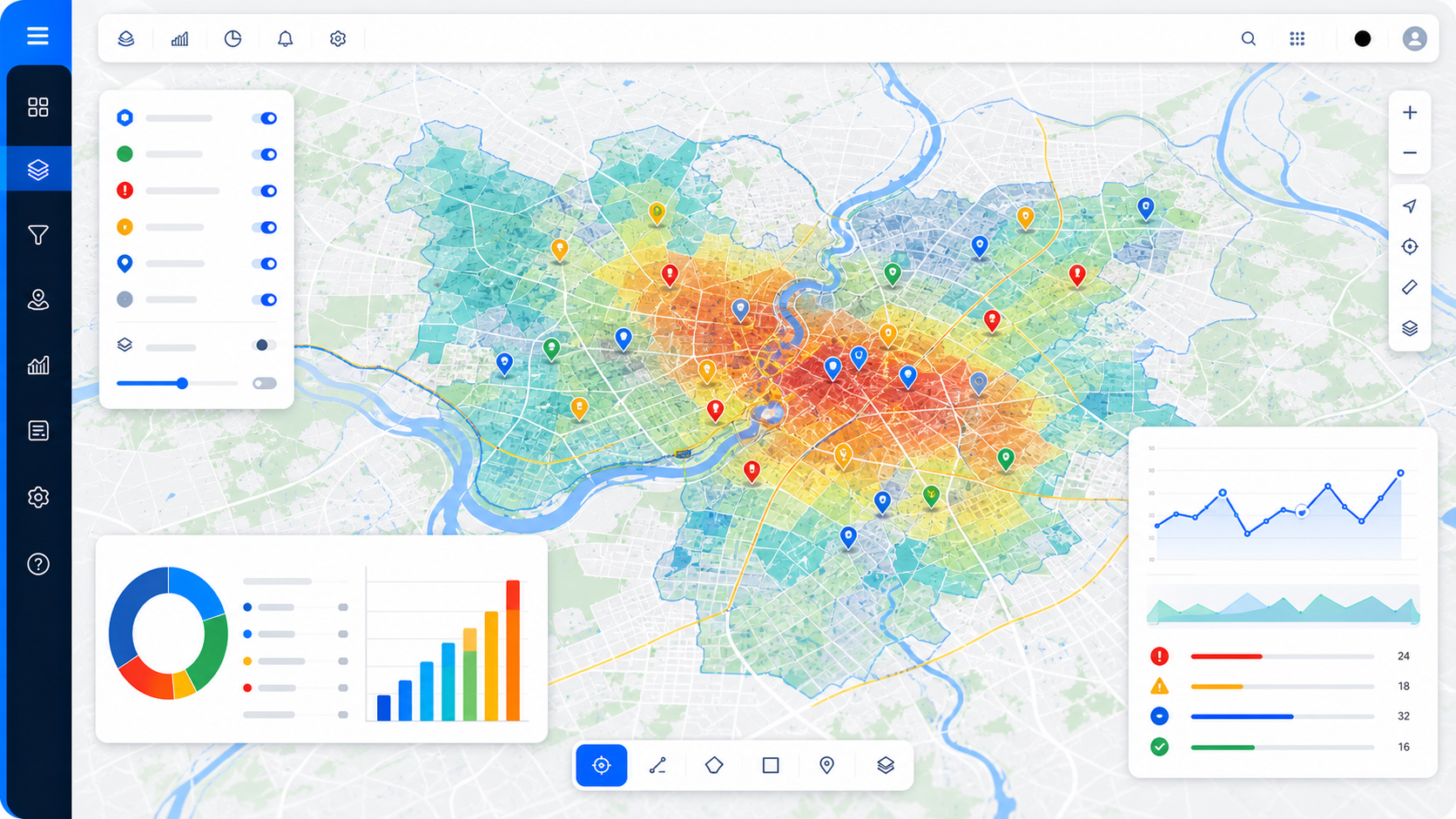 Geospatial analytics map dashboard with density layers and incident markers