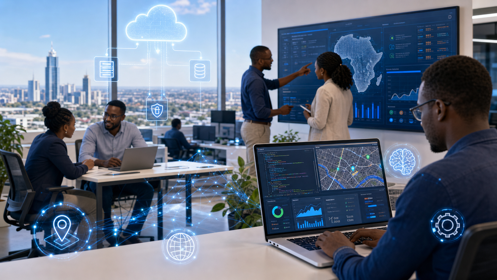 Enterprise technology team workspace with digital transformation overlays