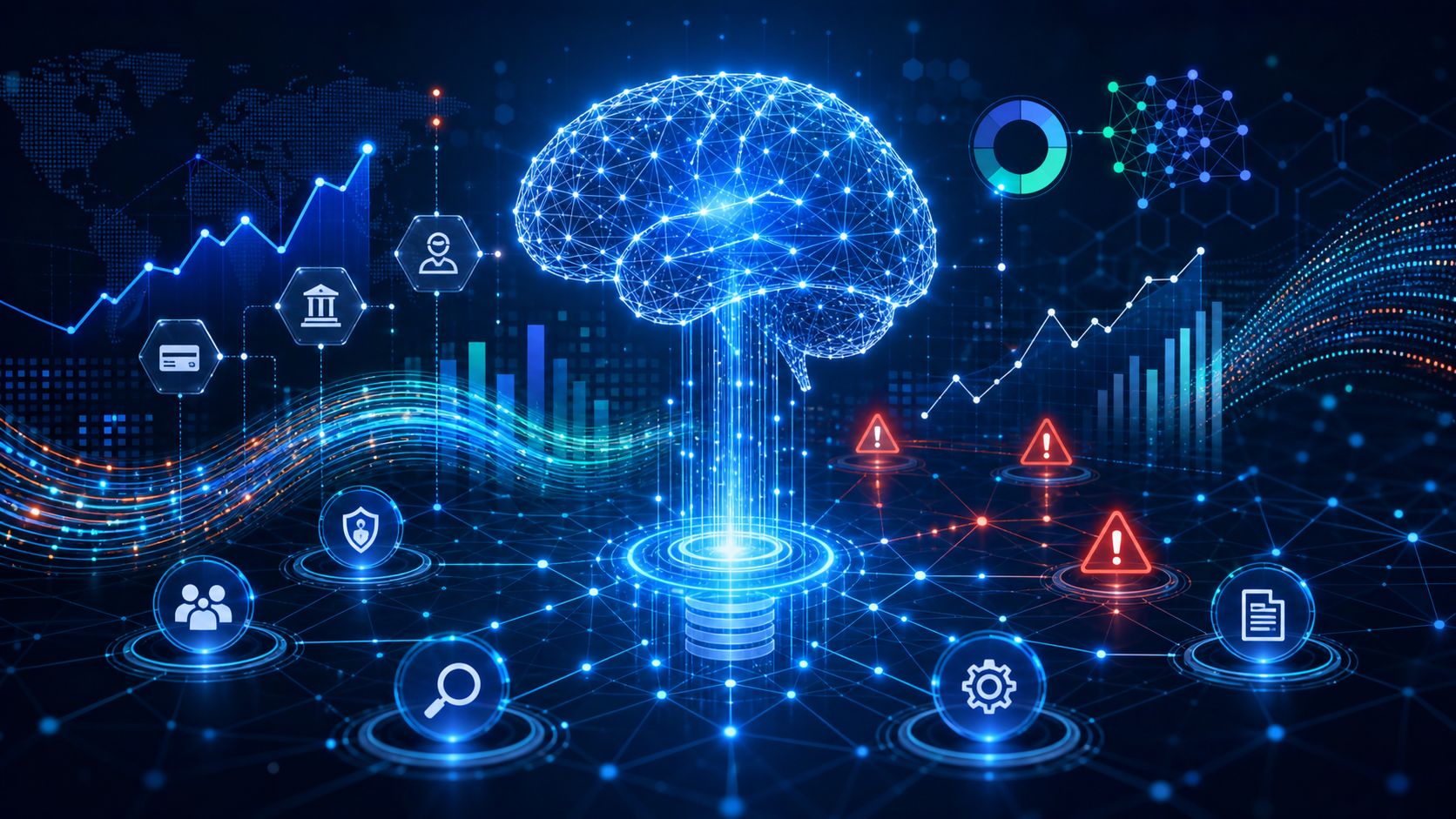 AI analytics network with transaction monitoring and anomaly detection visuals