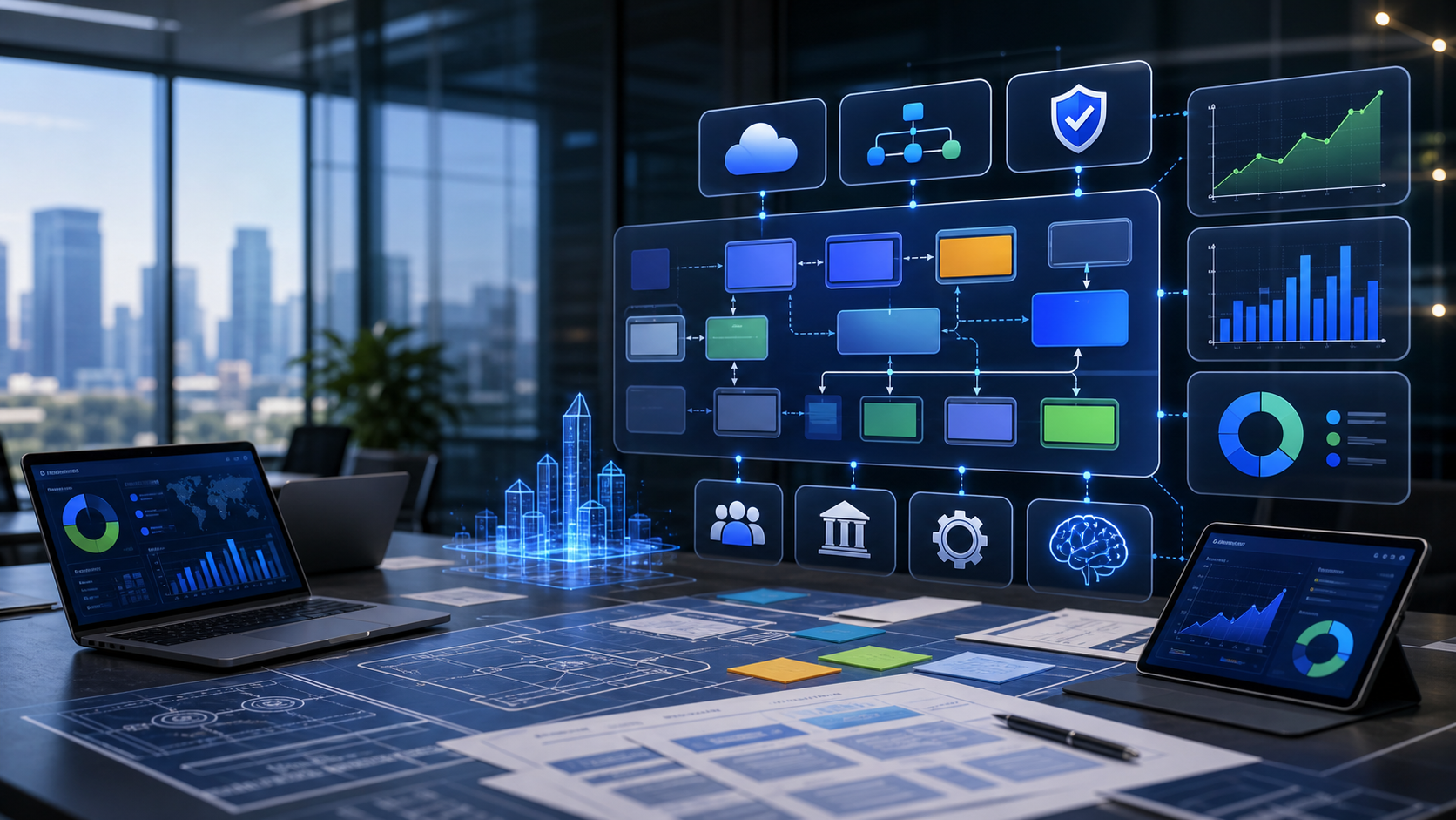 Technology advisory workspace with architecture and governance planning visuals