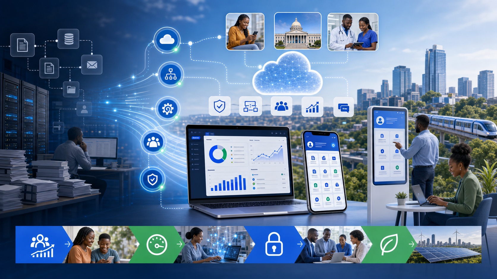 Modern digital service ecosystem with cloud platforms and connected channels