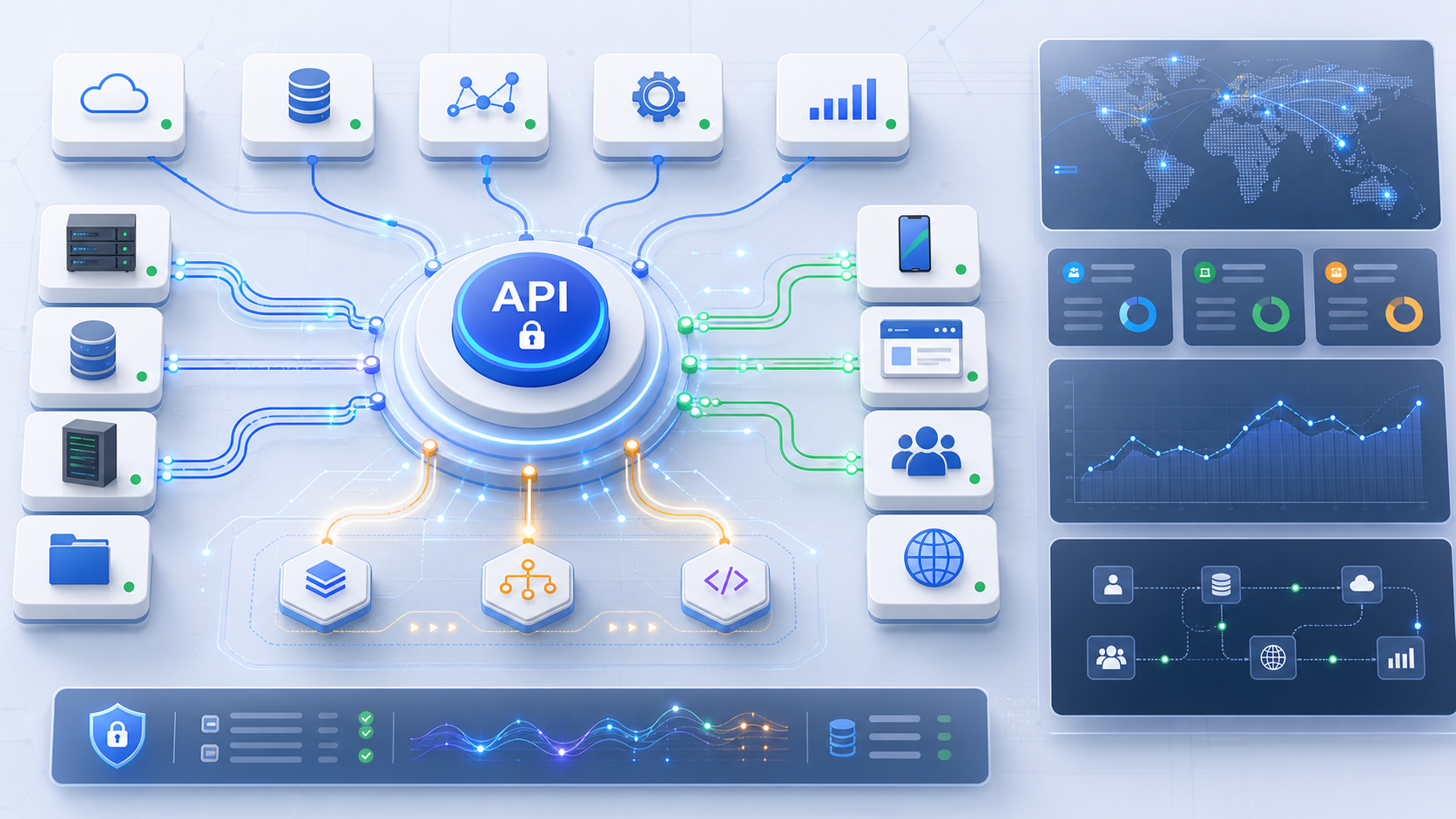 Secure API gateway hub connecting enterprise systems and cloud services