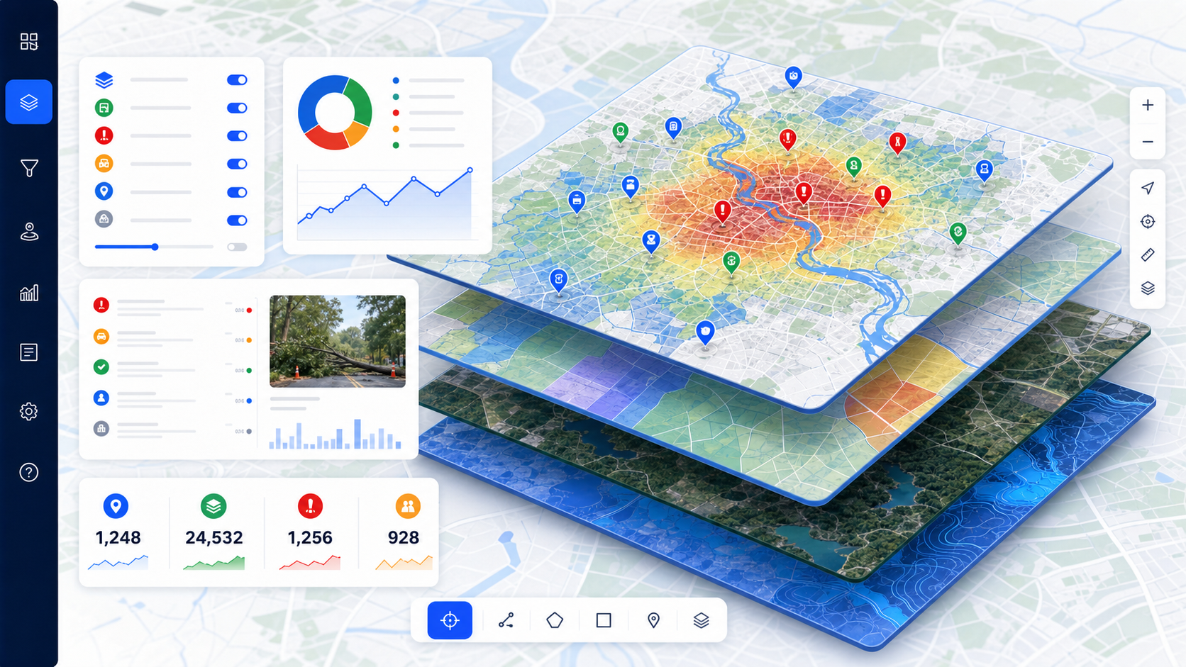 Layered geospatial map interface with roads, parcels, heatmaps and incident markers