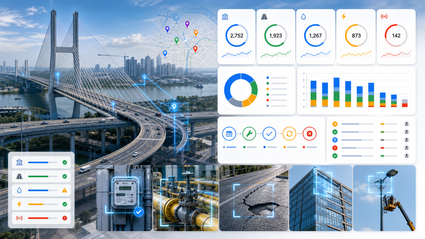 Infrastructure asset management dashboard over roads, bridges and utilities